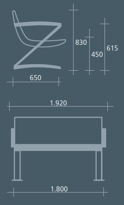 Technische Ansicht: Maße der Sitzbank -Zorro- mit Rückenlehne (Art. 20815)