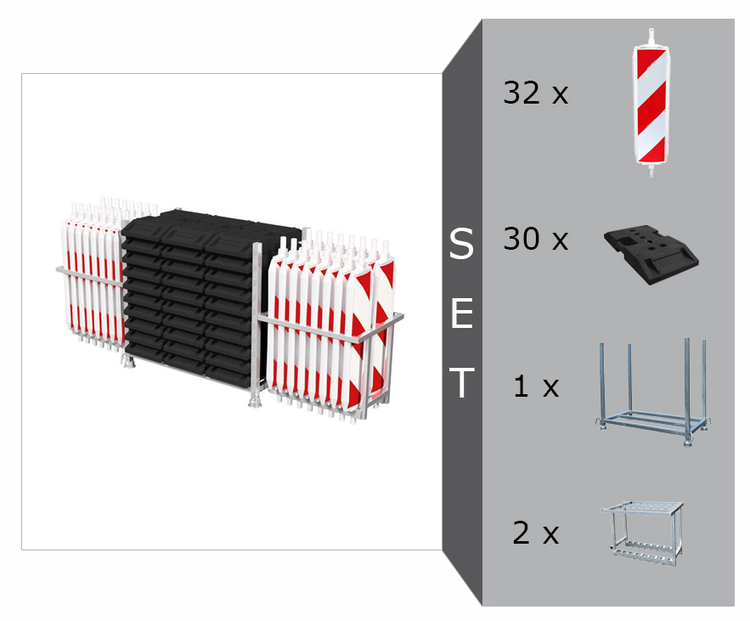 Modellbeispiel: Wendebaken Komplett-Set, 32 Baken, 30 Fußplatten, 1 Stapelpalette, 2 Bakenkörbe (Art. 36nox-set1)
