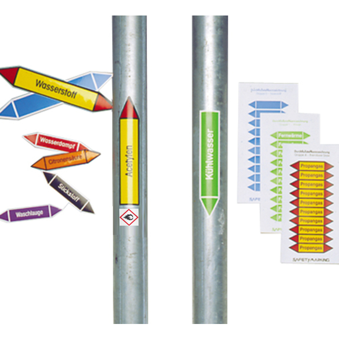 Anwendungsbeispiele: Rohrleitungskennzeichnungs-Etiketten, links: Einzeletiketten, rechts: 10er-Bögen