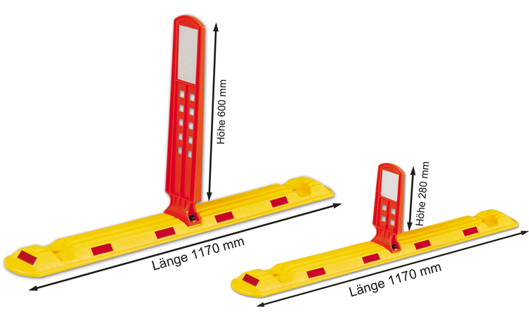 Technische Ansicht: Leitschwelle -Road- Länge 1170 mm, mit Sichtzeichen und Reflexstreifen (v.l. Art. 12877, 12876)