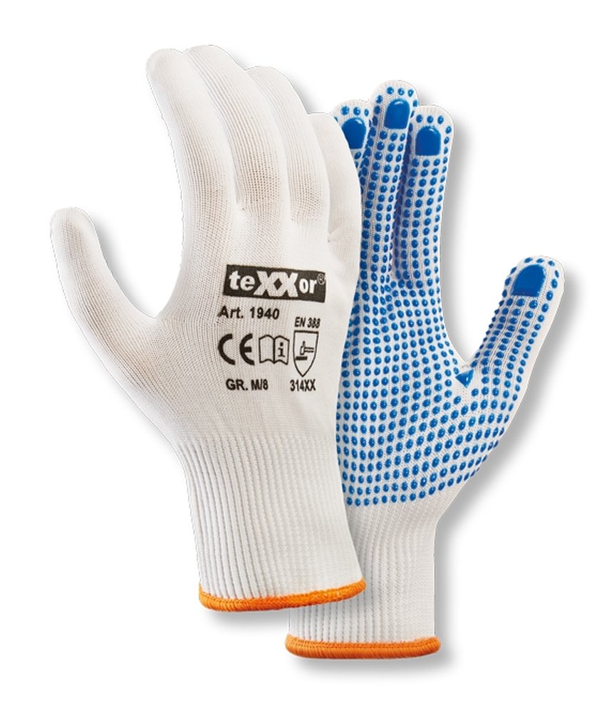 teXXor® Feinstrick-Handschuhe 'NYLON', weiß/blaue Noppen, 9 