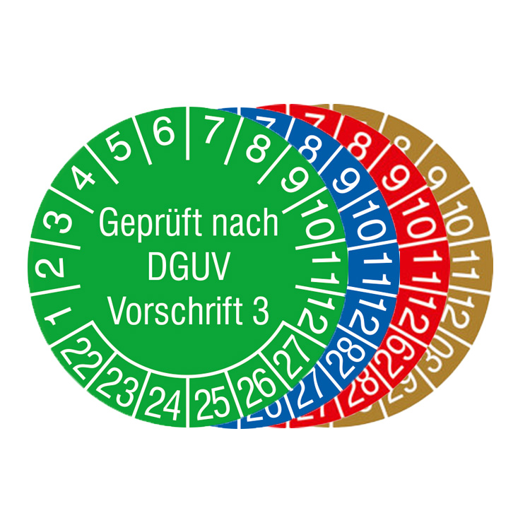 Modellbeispiel: Prüfplaketten mit Jahresfarbe (6 Jahre), Geprüft nach DGUV Vorschrift 3