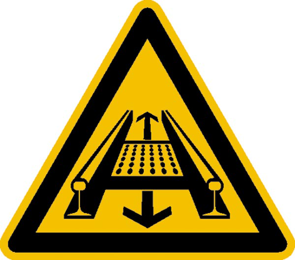 Warnschild, Warnung vor Gefahren durch eine Förderanlage im Gleis