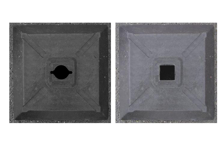 Modellbeispieel: Fußplatte D80 links Öffnung für D-System (Art. 18483) rechts Öffnung für 60 x 60 mm (Art. 18482)