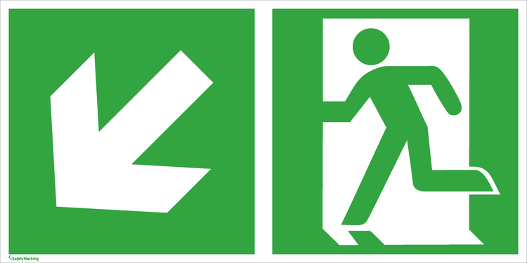 Rettungsschild Notausgang (links) mit Richtungspfeil links abwärts 