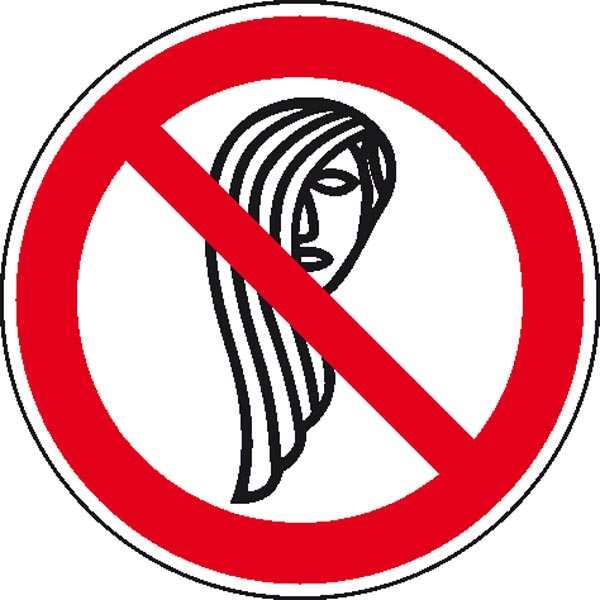 Verbotsschild, Bedienung mit langen Haaren verboten