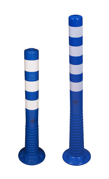 Modellbeispiele: Absperrpfosten -Elasto Blue- Ø 80 mm, mit retroreflektierenden Streifen, überfahrbar, v.l.: Art. 37873, 37874