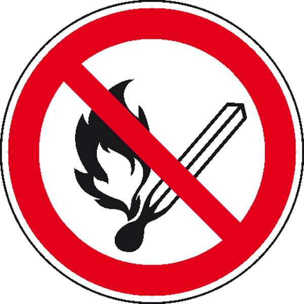 Verbotsschild, keine offene Flamme Feuer, offene Zündquellen u. Rauchen verboten