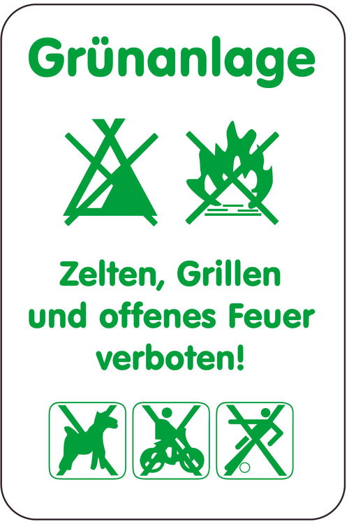 Modellbeispiel: Sonderschild, Grünanlage - Zelten, Grillen und offenes Feuer verboten! (Art. 14991)