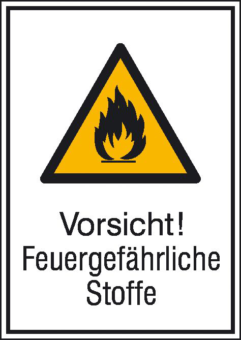 Kombischild mit Warnzeichen und Zusatztext, Vorsicht! Feuergefährliche Stoffe