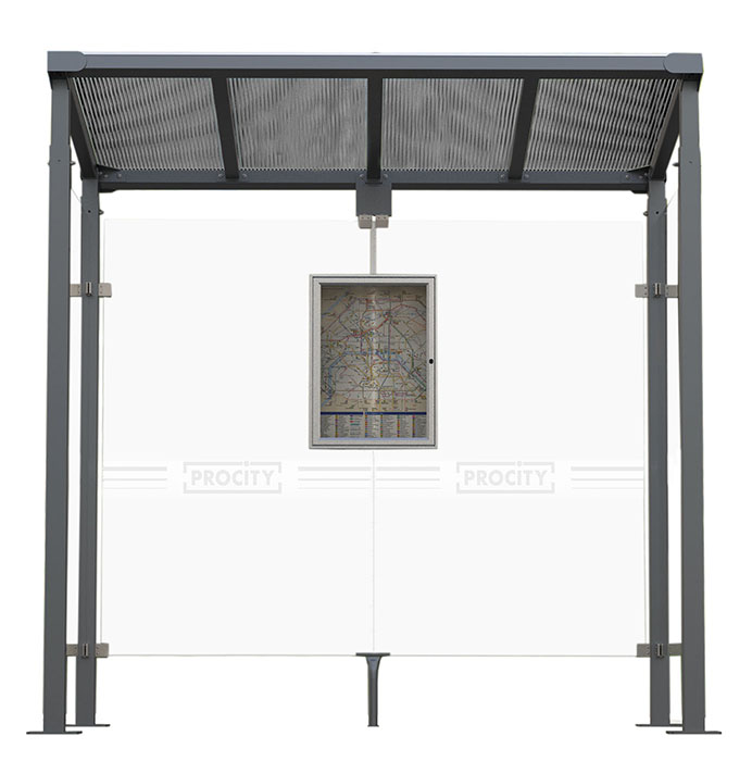 Modellbeispiel: Buswartehalle -Milano- in Breite 2520 mm oder 5040 mm verfügbar, mit Fahrplanschaukasten (Art. 37603-05)