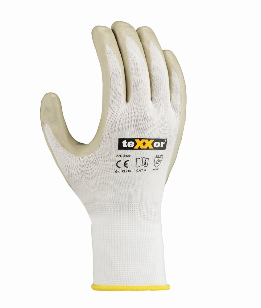 teXXor® Nylon-Strickhandschuhe 'NITRIL BESCHICHTET', weiß/grau, 9 