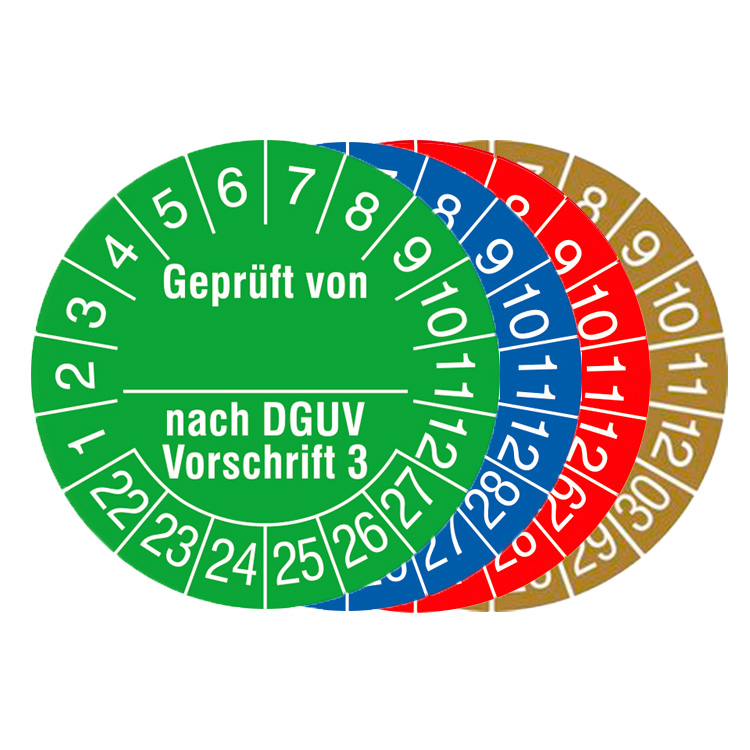 Modellbeispiel: Prüfplaketten mit Jahresfarbe (6 Jahre), Geprüft von ... nach DGUV Vorschrift 3