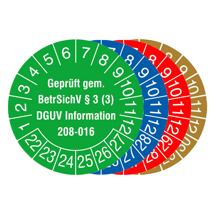 Modellbeispiel: Prüfplaketten mit Jahresfarbe (6 Jahre), Geprüft gem. BetrSichV... DGUV Information 2008-016