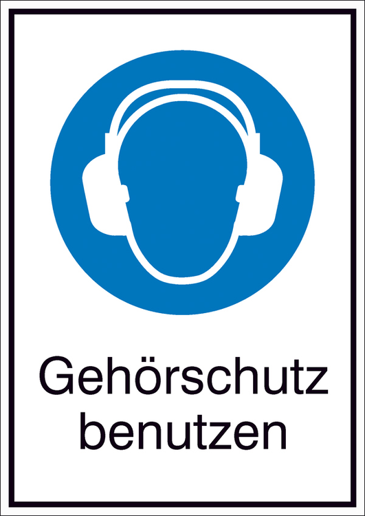 Modellbeispiel: Kombischild mit Gebotszeichen und Zusatztext, Gehörschutz benutzen (Art. 21.a7080)