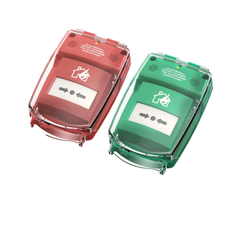 Modellbeispiel: Handmelder-Abdeckung -e-Cover® klein- in rot und grün (v.l. Art. 34761 und 34759)