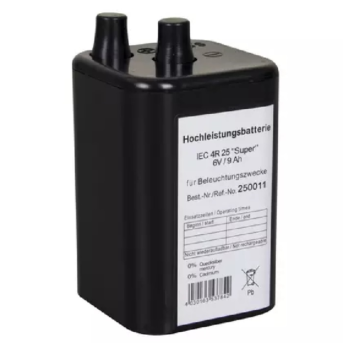 Modellbeispiel: Blockbatterie IEC 4 R 25 6V- 9Ah, Quecksilber-/Cadmiumfrei, VPE 24 Stk. (Art. 18685)