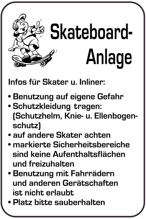 Spielplatzschild, Skateboard-Anlage - Infos für Skater u. Inliner, 400 x 600 mm