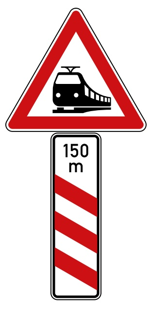 Modellbeispiel: VZ Nr. 156-21 Bahnübergang mit dreistreifiger Bake, mit Entfernungsangabe