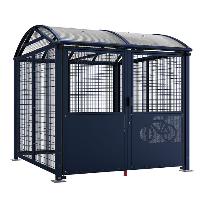 Modellbeispiel: Fahrradüberdachung -Salix Safe- in enzianblau, Stahlgitter beschichtet mit Zylinderschloss (Art. 4115403-01)