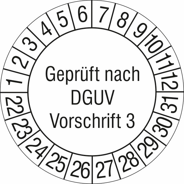 Modellbeispiel: Prüfplaketten ohne Jahresfarbe (10 Jahre), Geprüft nach DGUV Vorschrift 3 (Art. 30.c2140-20)