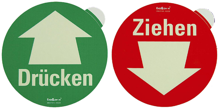 Modellbeispiele: Türschild Drücken/Ziehen (von links: Art. 38.4960 und 38.4961)