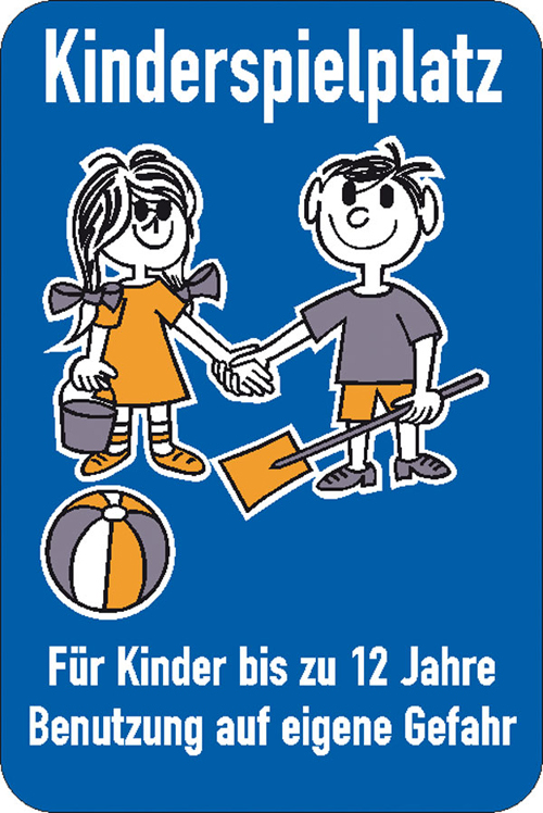 Modellbeispiel: Spielplatzschild Kinderspielplatz. Für Kinder bis zu 12 Jahre. Benutzung auf eigene Gefahr (Art. 52.5469)