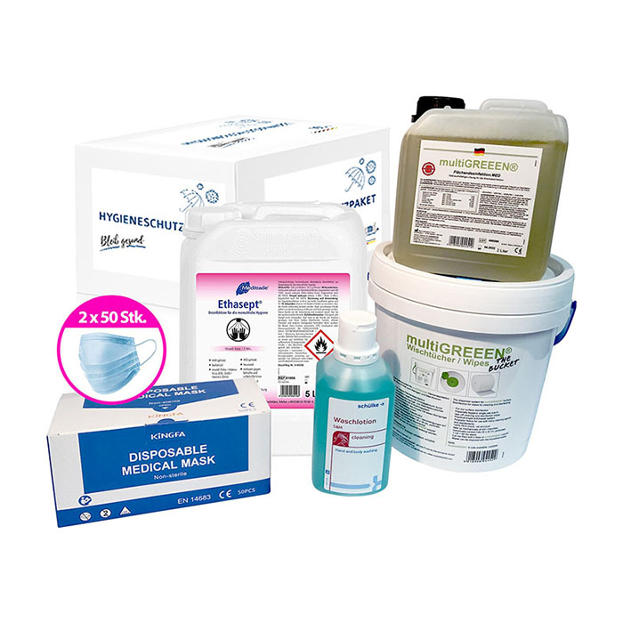 Infektionsschutzpaket 'Handel, Gastro' inkl. Masken Typ 2R, Flächen- und Handdesinfektion und Waschlotion