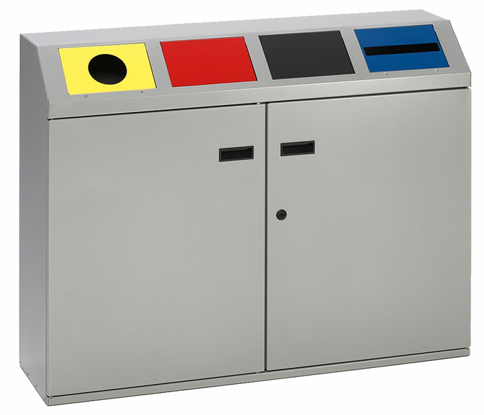 Modellbeispiel: Recyclingstation -Cubo Martino- 200 Liter, aus Stahl, mit 4 farbigen Einwurfklappen (Art. 33737)