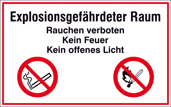 Modellbeispiel: Hinweisschild, Explosionsgefährdeter Raum, Rauchen verboten, Kein Feuer, Kein... (Art. 41.d9050)