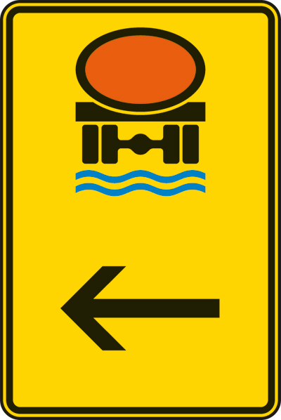 Wegweiser für Fahrzeuge mit wassergefährdender Ladung (hier links) Nr. 422-14