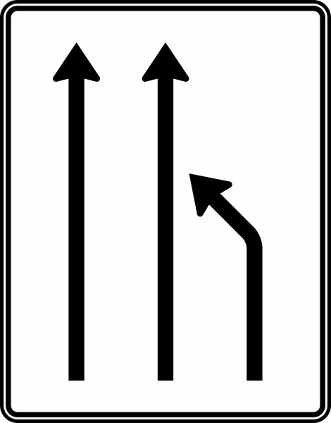 Einengungstafel ohne Gegenverkehr, Einzug rechts und noch 2 Fahrstreifen