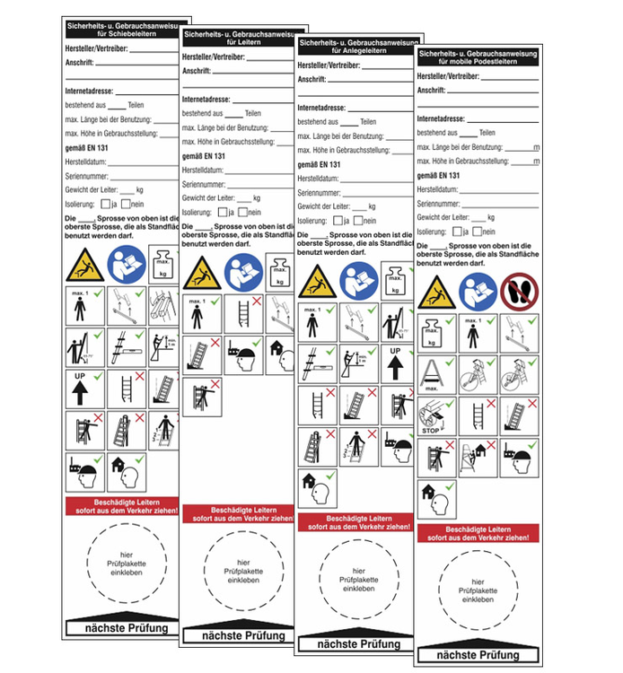 Modellbeispiele: Grundplaketten und Gebrauchsanweisungen für Leitern (Art. 30.c5125 bis 30.c5128)