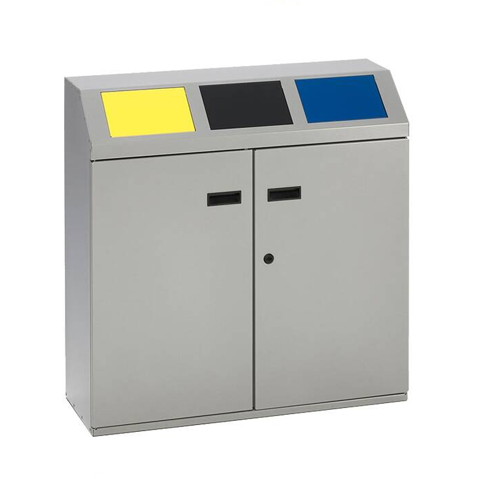 Modellbeispiel: Recyclingstation -Cubo Martino- 150 Liter, aus Stahl mit 3 farbigen Einwurfsklappen (Art. 33738)
