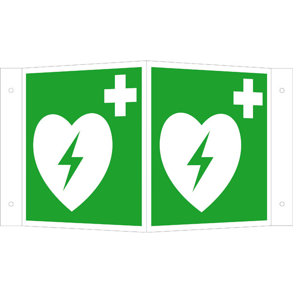 Rettungsschild als Winkelschild, Defibrillator