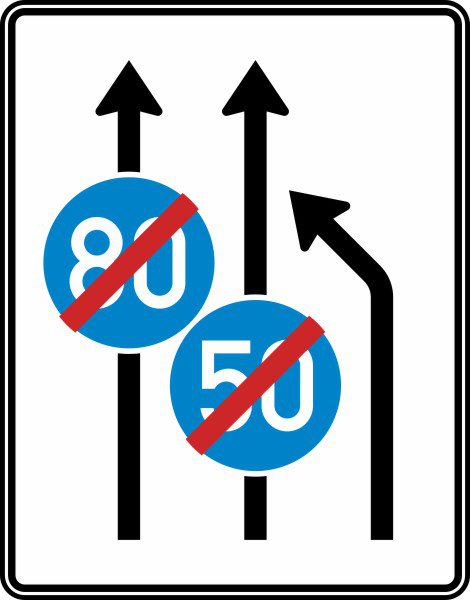 Anwendungsbeispiel: VZ Nr. 535-11 Einengungstafel ohne Gegenverkehr, Einzug rechts, Ende der Mindestgeschwindigkeit
