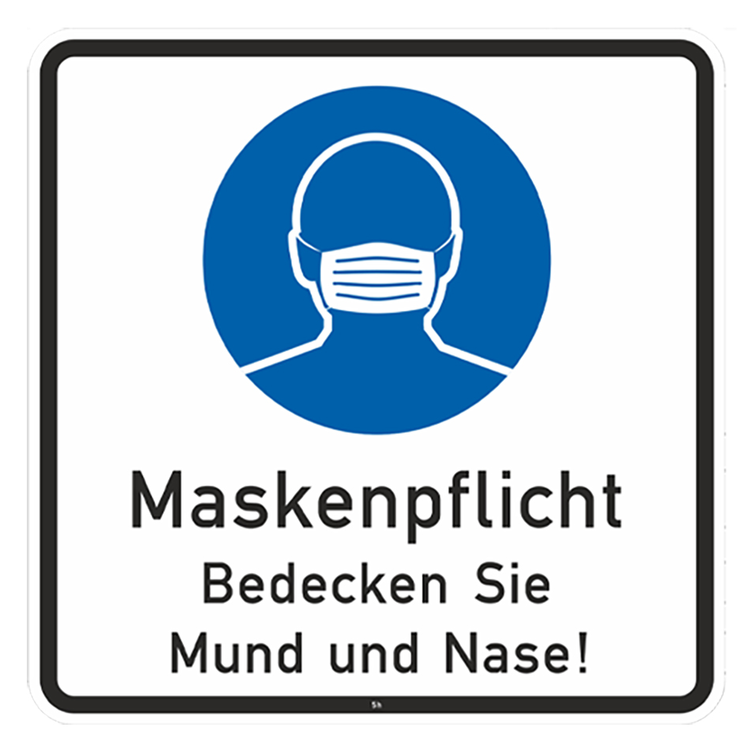 Hinweisschild zur Maskenpflicht und Schutzmaßnahmen