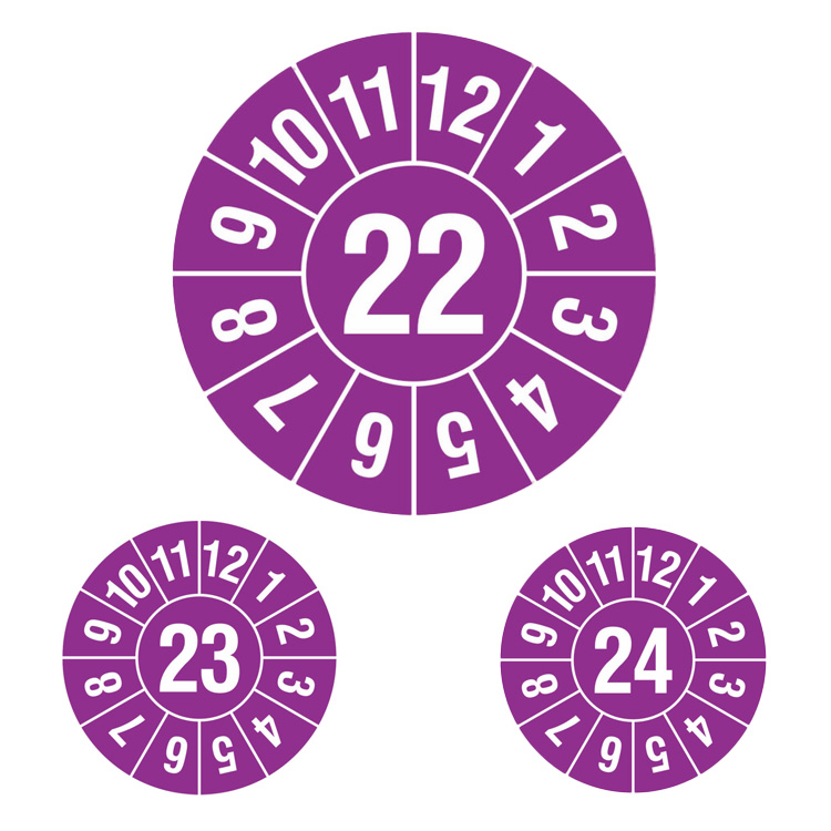 Modellbeispiele: Prüfplaketten ohne Jahresfarbe (1 Jahr), Jahreszahl 2-stellig, violett-weiß (Art. 31.c7004-22 bis -24)