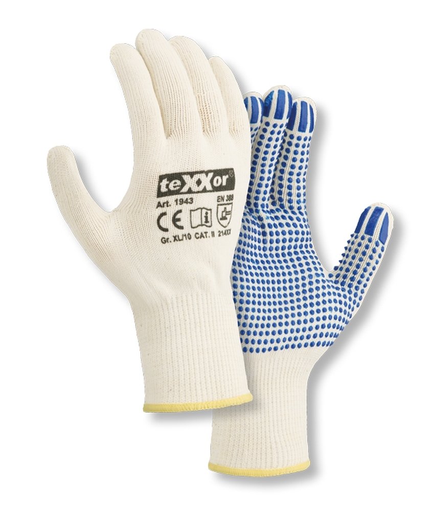teXXor® Mittelstrick-Handschuhe 'BAUMWOLLE/NYLON', weiß/blaue Noppen, 11 