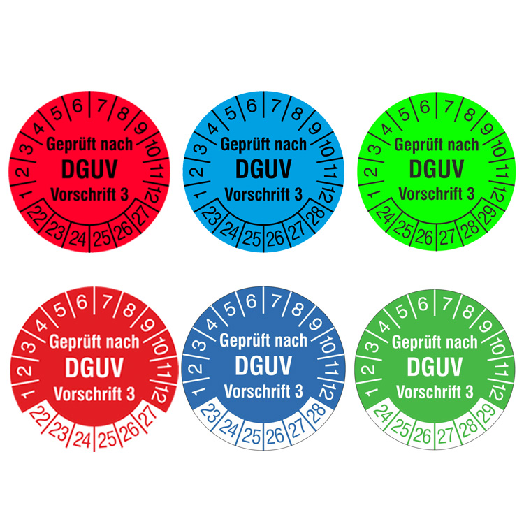 Modellbeispiele: Prüfplaketten mit Jahresfarbe (6 Jahre), nach DGUV Vorschrift 3 (Art. 31.c7034-22 b. -23 u. 31.c7035-21 b. -24)