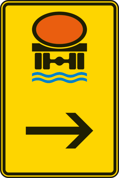 Wegweiser für Fahrzeuge mit wassergefährdender Ladung (hier rechts) Nr. 422-24