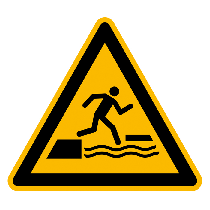 Warnschild, Warnung vor d. ins Wasser Fallen b. Betr. o. Verlas. schwim. Flächen