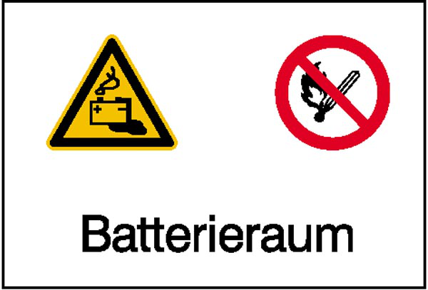 Elektrokennzeichnung/Kombischild mit Warnzeichen und Verbotszeichen, Batterieraum