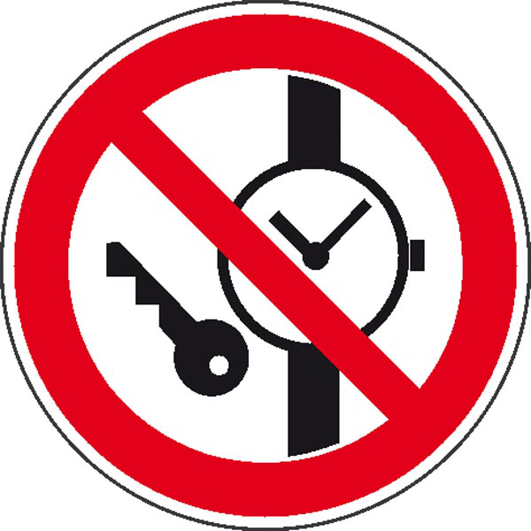 Verbotsschild, Mitführen von Metallteilen und Uhren verboten, Ø 100 mm aus Folie (selbstklebend)