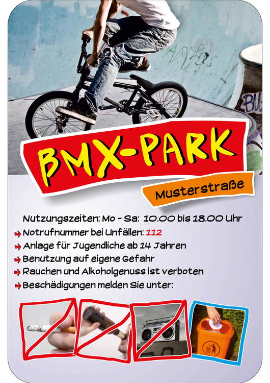 Modellbeispiel: Hinweisschild -BMX-PARK-, mit individuellem Text und Piktogrammen (Art. 40039)