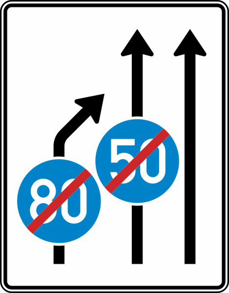 Anwendungsbeispiel: VZ Nr. 535-21 Einengungstafel ohne Gegenverkehr, Einzug links, Ende der Mindestgeschwindigkeit