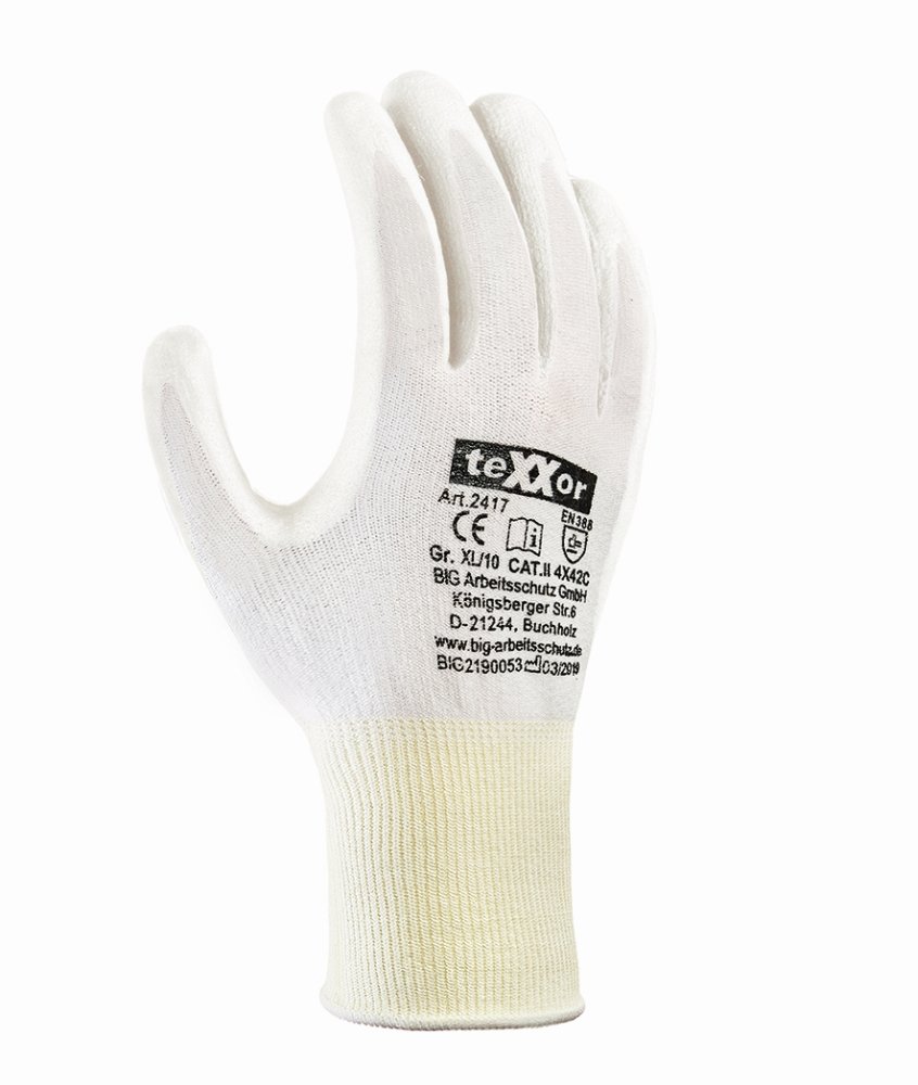 teXXor® Schnittschutz-Strickhandschuhe 'PU-BESCHICHTUNG', weiß, M-Stärke 1,15 mm