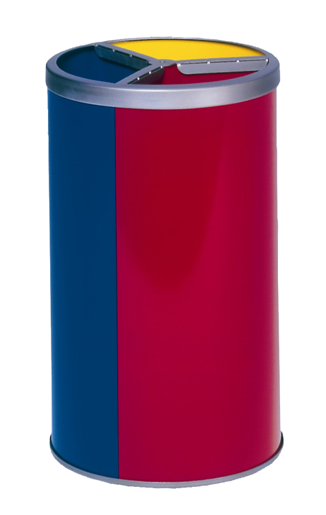Modellbeispiel: Abfallbehälter -Cubo Delmar- 90 Liter mit 3 Einzelbehältern (gelb-blau-rot) ohne Dach (Art. 16654)