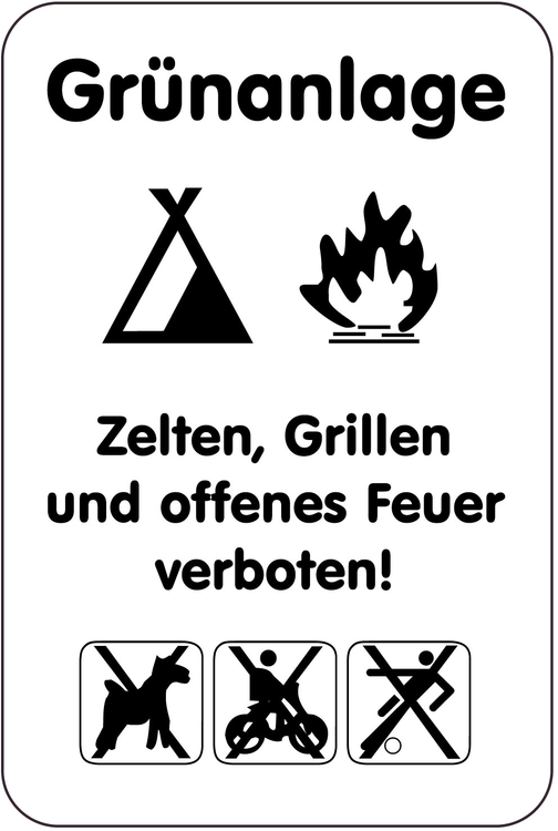 Sonderschild, Grünanlage, Zelten, Grillen und offenes Feuer verboten!, 400 x 600 mm