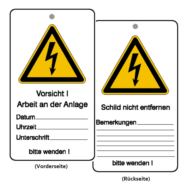 Modellbeispiel: Wartungsanhänger mit Warnzeichen und Zusatztext Vorsicht! Arbeit an der Anlage (Art. 41.1450)
